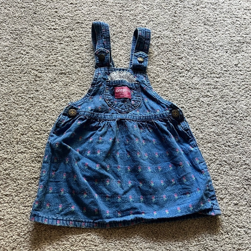Vintage Oshkosh B'Gosh Girls 2T Vestbak Denim Rose Floral Jumper Union Made USA